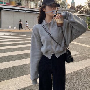 2024新款爆款半高领灰色短款卫衣女款秋冬拉链开衫长袖小个子外套