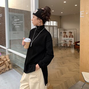 高领加绒卫衣女前短后长冬宽松中长款显瘦慵懒风休闲保暖开叉上衣
