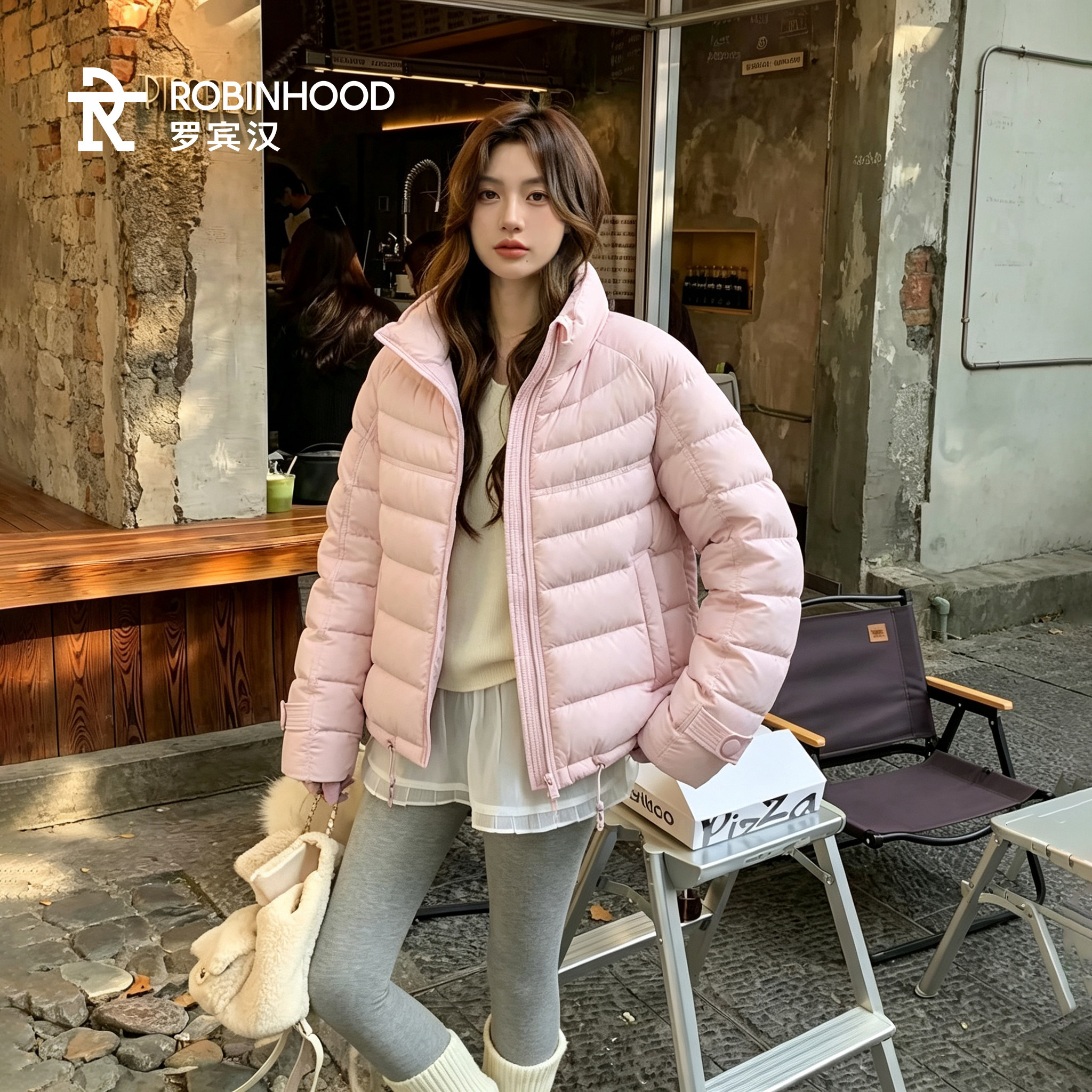 罗宾汉粉色立领羽绒服女短款横绗缝冬轻薄保暖外套宽松泡芙面包服