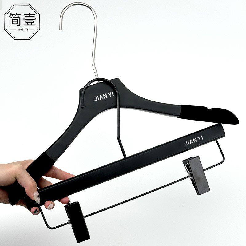 定制LOGO黑色实木衣架衣挂女服装店植绒木质衣撑裤夹包邮银色长钩