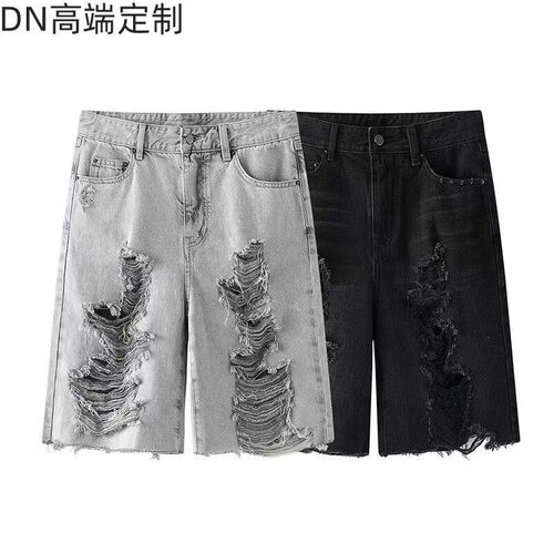 DN高端定制2024夏季新款休闲百搭高腰做旧破洞磨毛直筒牛仔短裤女