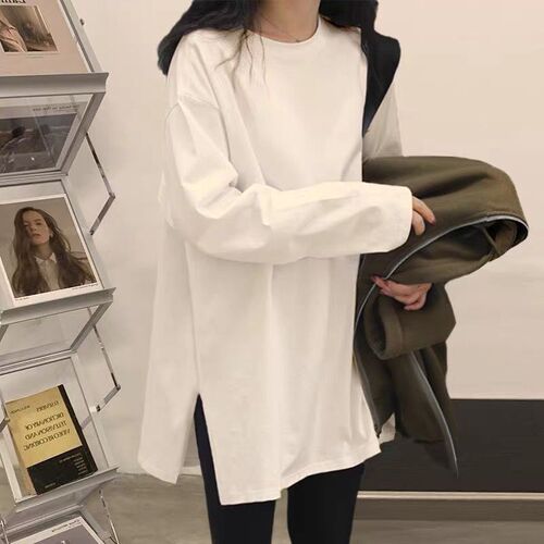 秋冬白色纯棉打底衫女加绒中长款卫衣内搭长袖T恤遮屁股德绒上衣