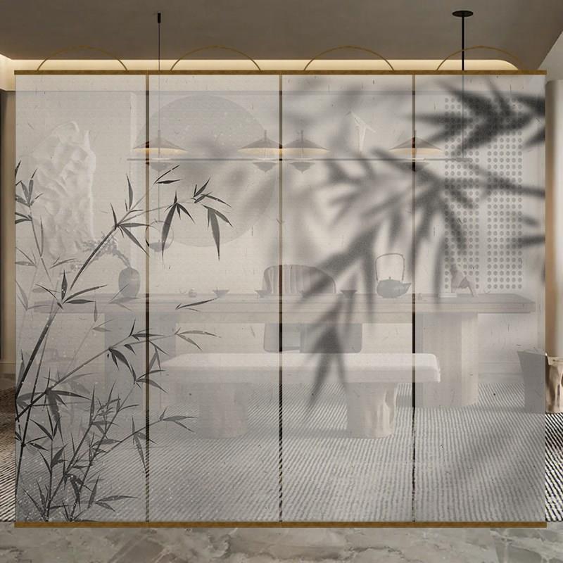 新中式水墨竹画电动透景屏风纱卷帘隔断帘挂帘窗帘玄关透光纱帘