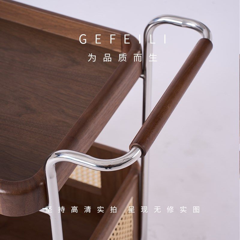中古风小推车黑胡桃木色可移动带轮小茶几客厅沙发收纳复古藤编
