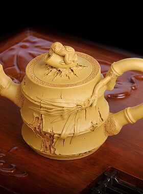 陶立方 紫砂茶壶套装段泥茶具套装手工浮雕仿竹茶具 送礼礼品