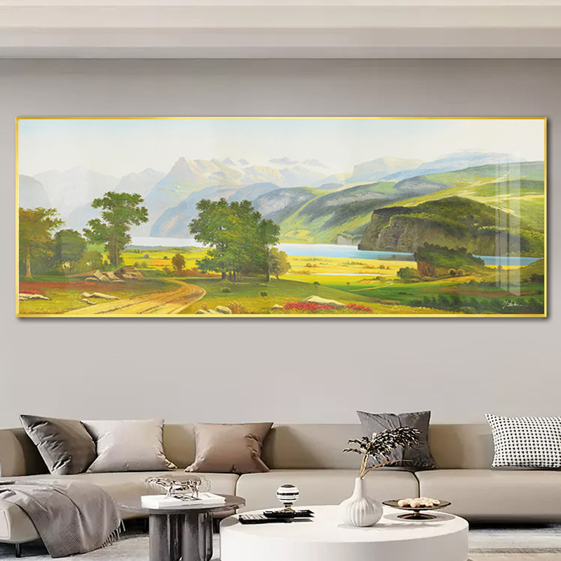 新中式客厅沙发油画风格装饰画日照金山书房背景挂画大气寓意壁画
