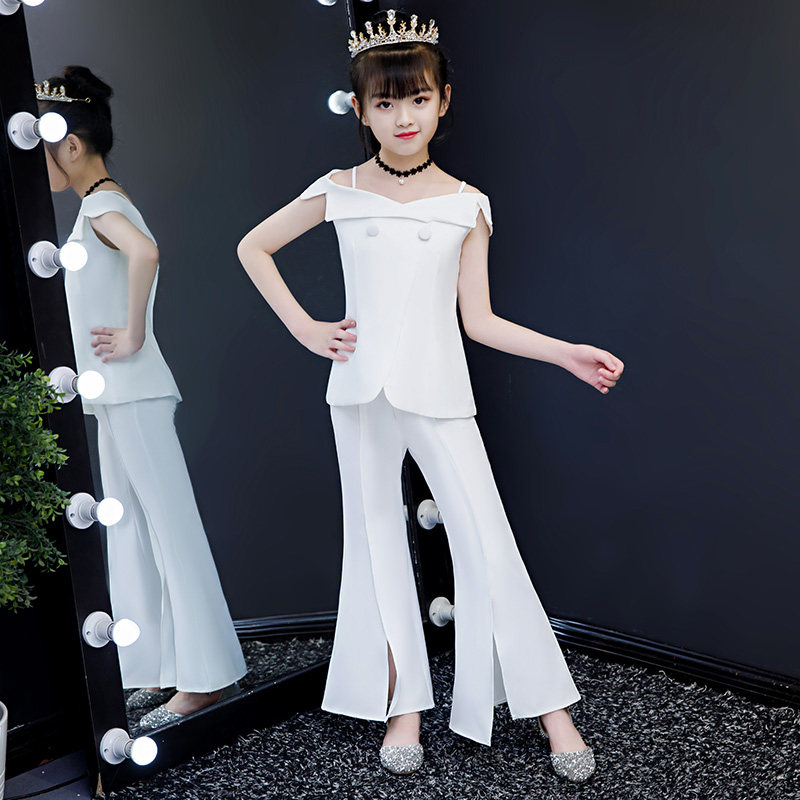 2023新款儿童走秀西装潮服白色个性女童模特秀时装秀套装演出服