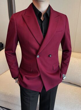 男士西装外套修身商务正装礼服双排扣休闲单西韩版西服上衣酒红色
