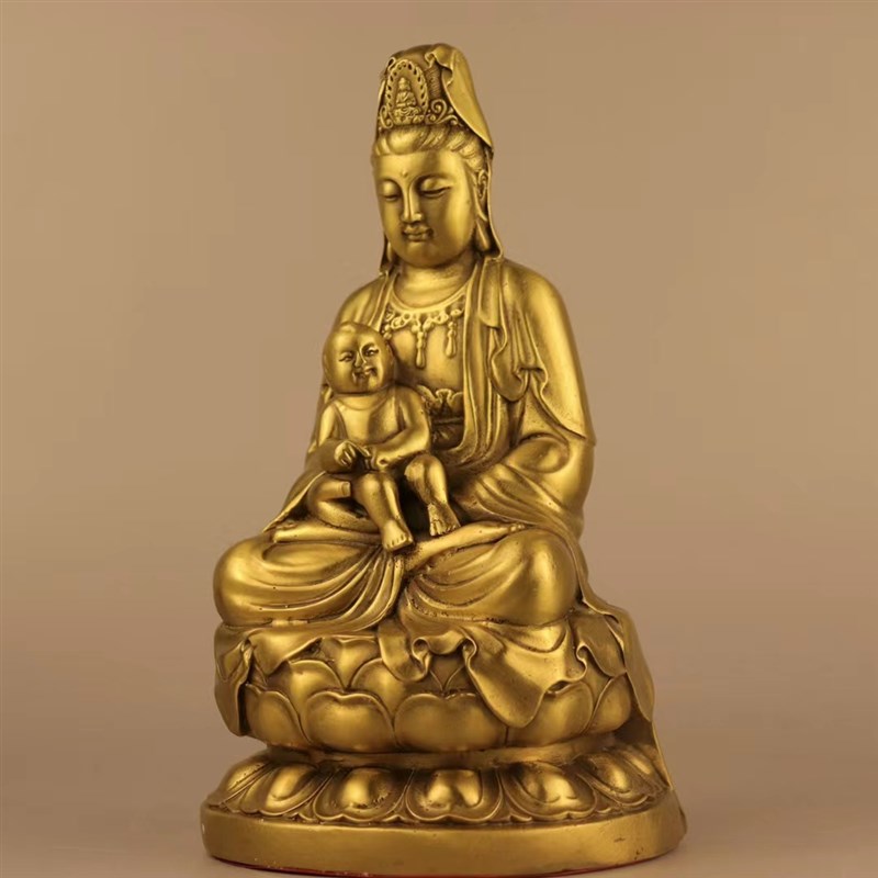 纯铜送子观音菩萨家用供奉求子坐莲五子观世音佛像保平安铜像摆件