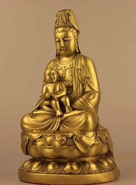 纯铜送子观音菩萨家用供奉求子坐莲五子观世音佛像保平安铜像摆件
