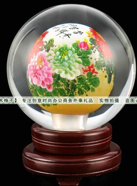 精品水晶球内画牡丹花开富贵转运礼品传统工艺品办公摆件书房装饰