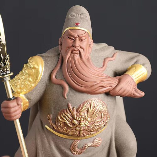 武财神关二爷紫砂陶摆件中控台玄关桌面常送礼装饰工艺品放博古架