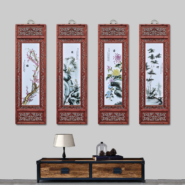 名家陶瓷画梅兰竹菊画景德镇瓷板画仿古四条屏沙发壁画背景墙挂画