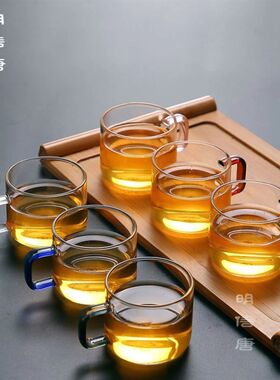 明信唐堂 6支装加厚品茗杯耐热透明小茶杯带把高硼硅玻璃茶碗套装