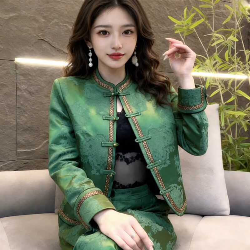 2026新款女春季外套短款新中式套装大码胖mm高档上衣阔腿裤两件套