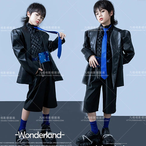 潮童皮衣走秀机车服模特演出服舞台比赛表演服装儿童拍照写真男酷
