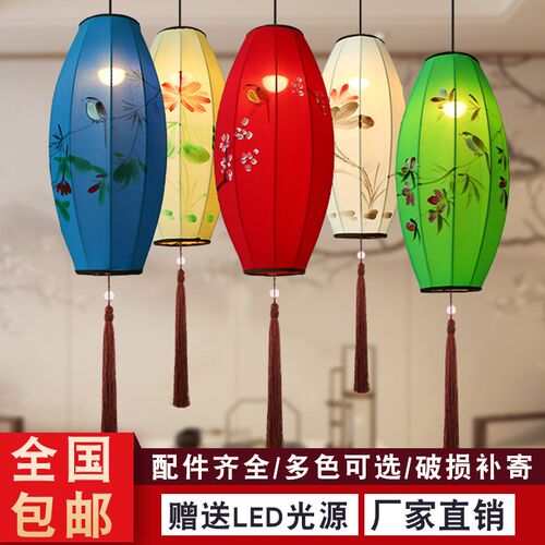 新中式布艺橄榄灯 创意餐厅火锅店红灯笼吊灯中国风仿古宫灯灯具