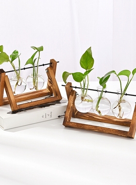 木架水培器皿绿萝植物小花瓶水养创意办公室台面摆件原木三件套装