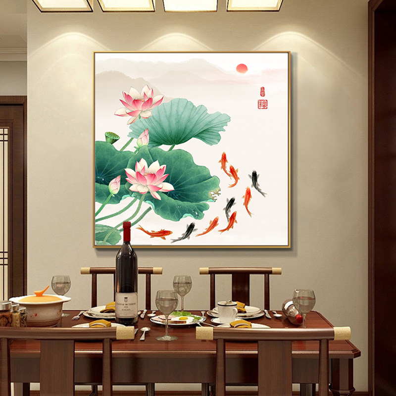 中式正方形九鱼图玄关装饰画鲤鱼饭餐厅入户背景墙客厅背景墙挂画