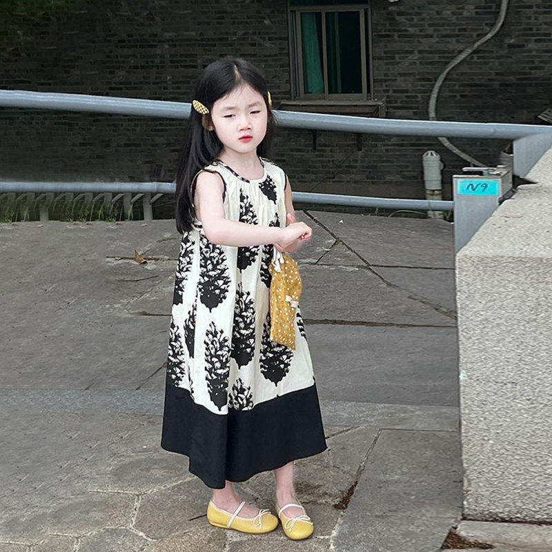 女童水墨画露背蝴蝶结连衣裙