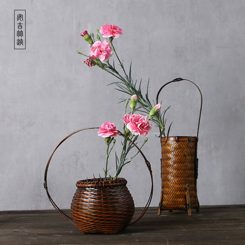 花篮摆件民间传统手工竹编花瓶花器禅意日式轻奢插花器皿花艺表演