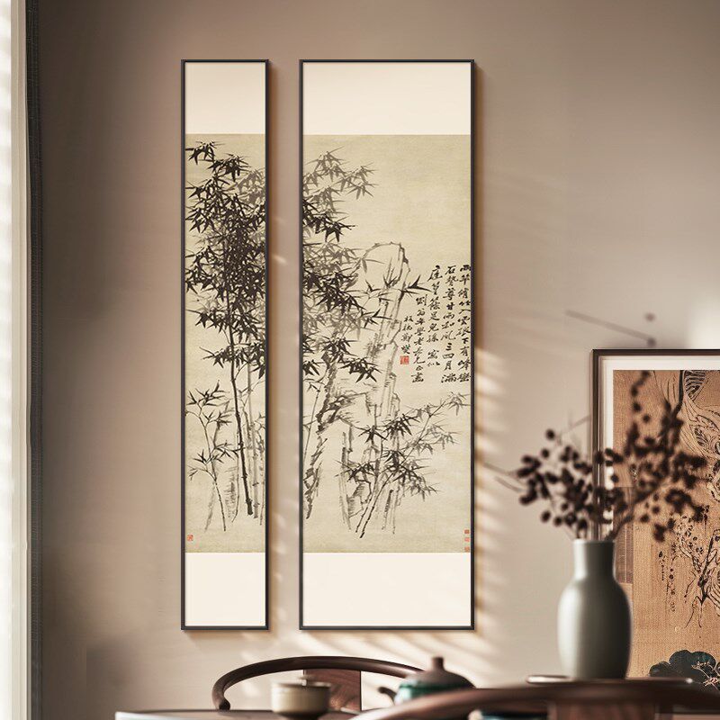 郑板桥竹子画新中式进门玄关装饰画竹报平安禅意茶室背景墙组合画