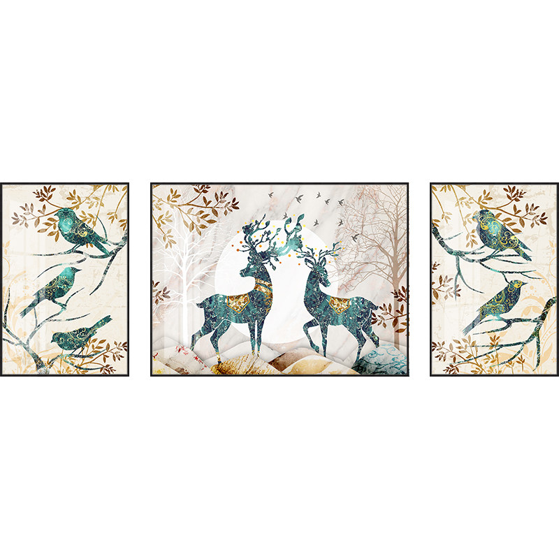 美式客厅三联装饰画沙发背景墙样板墙壁画麋鹿发财树富贵吉祥挂画
