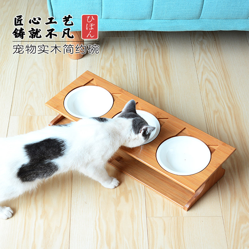 简约实木猫碗斜面猫碗架狗碗陶瓷猫碗双碗加菲泰迪防噎食饭碗包邮