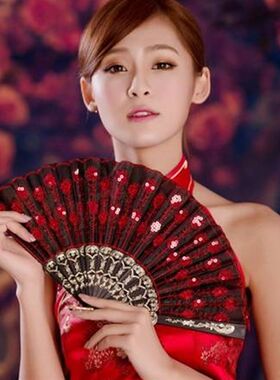 七朵咏春扇跳舞蹈扇子折扇蕾丝布扇民族爵士女道具扇孔雀亮片开合