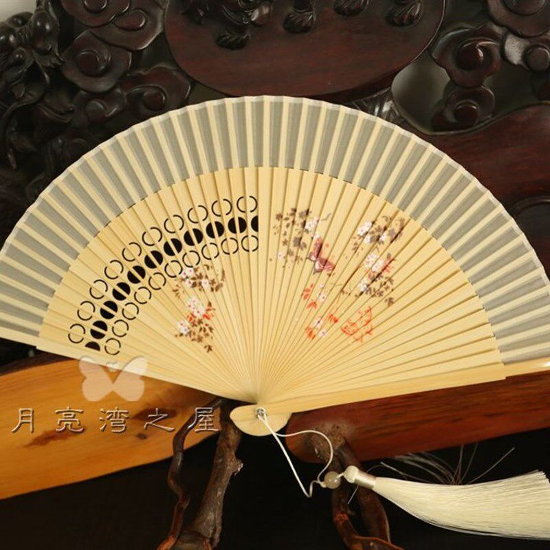 月亮扇 复古风6寸折扇折叠扇子汉服走秀扇随身女式小扇子米黄色
