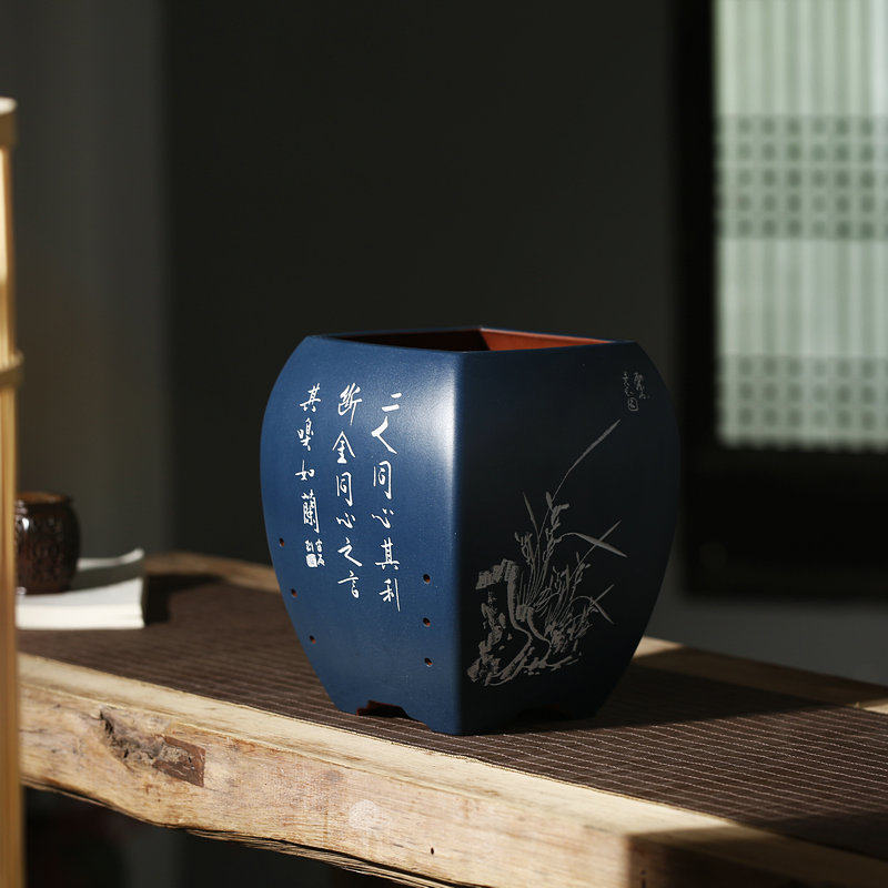 清香阁紫砂室内花盆摆件悦涛斋制作半石书刻手工兰花盆包邮