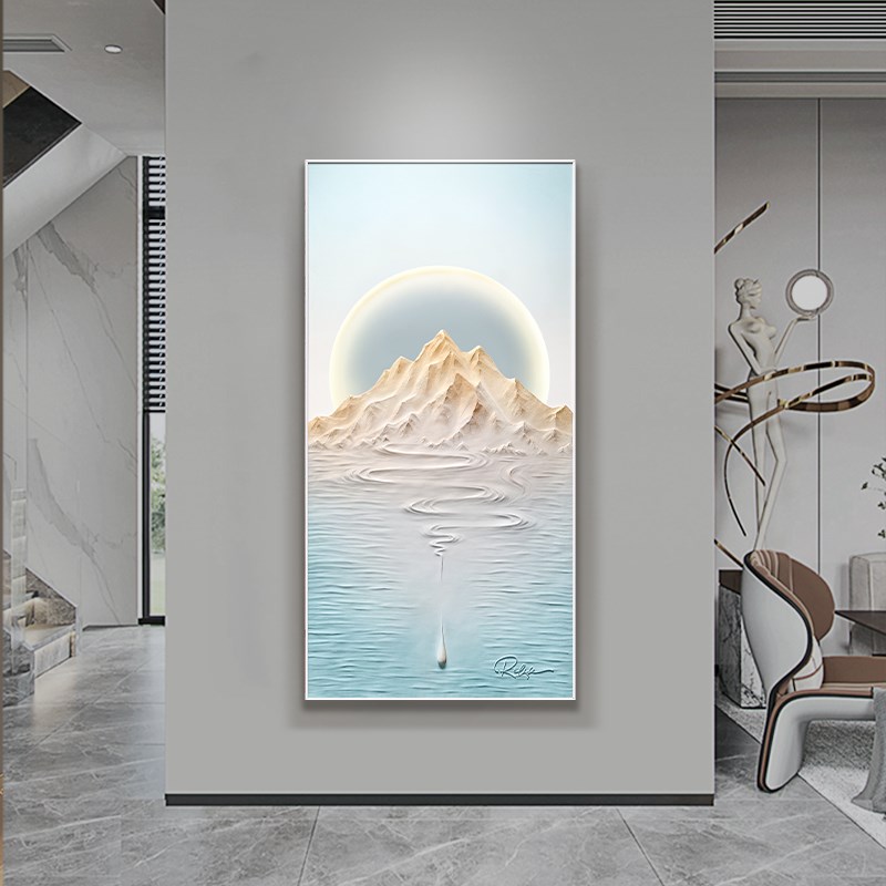 中式轻奢3d立体浮雕画新款玄关装饰画入户开门正对墙灯光画