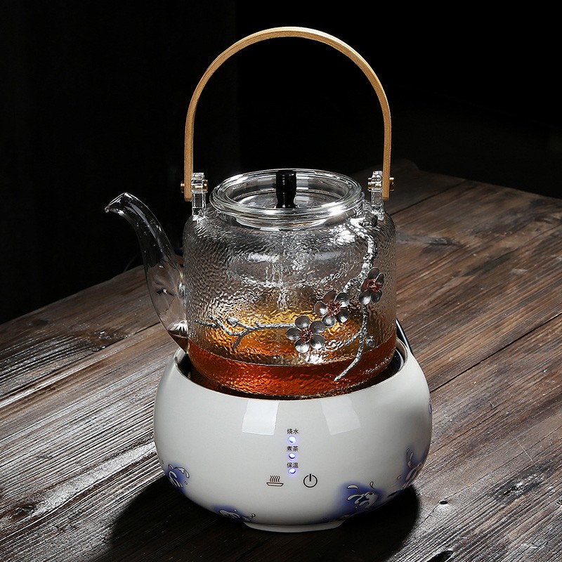 玻璃细纹功夫煮茶提梁壶大号个性镶锡梅花蒸茶壶电陶炉专用茶壶