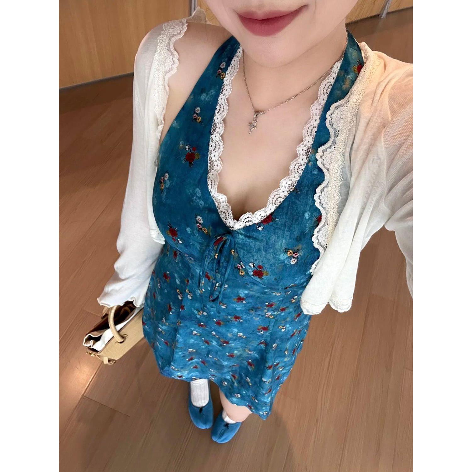 张大人大码女装胖妹妹mm显瘦碎花连衣裙海边度假风夏日漂亮挂脖裙