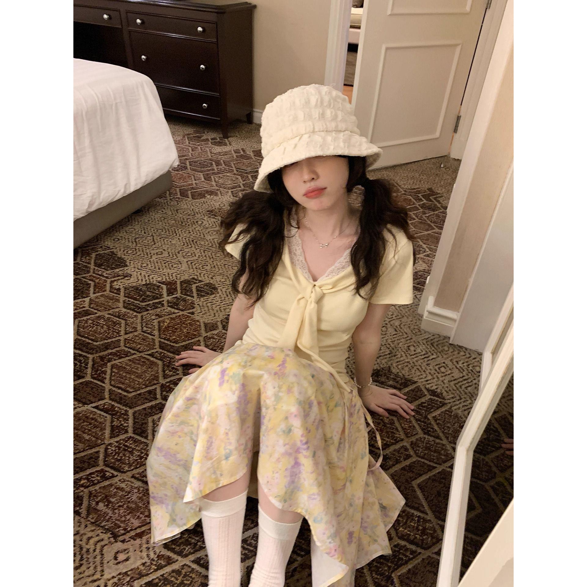 张大人大码女装胖妹妹mm韩系夏季显瘦蕾丝披肩领上衣碎花半裙套装