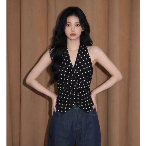 Forever21韩系红色波点挂脖吊带背心女春洋气V领扭结无袖收腰上衣