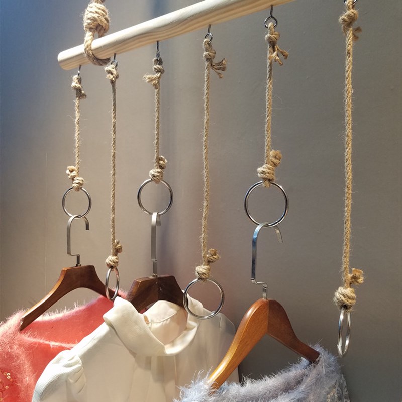 服装店上墙架子悬吊式天花板展示架店铺装修吊挂衣架墙壁挂麻绳木