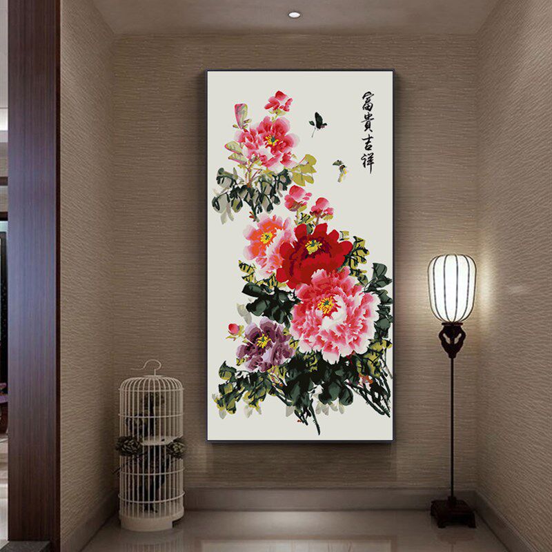竖版国画牡丹花DIY数字油画新中式花卉客厅玄关装饰画花开富贵