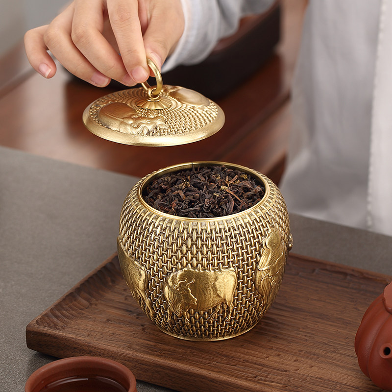 纯铜茶叶罐五牛图防潮存茶罐铜茶罐茶具铜制茶道茶叶储存密封罐子