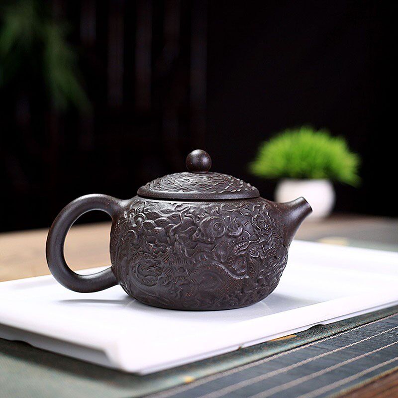 300毫升祥龙紫砂壶宜兴原矿功夫茶具黑金砂龙纹西施淘刻浮雕茶壶