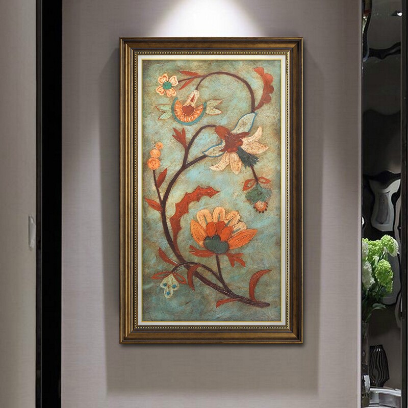 美式玄关装饰画牡丹竖版走廊过道挂画花开富贵墙壁画花鸟油画欧式