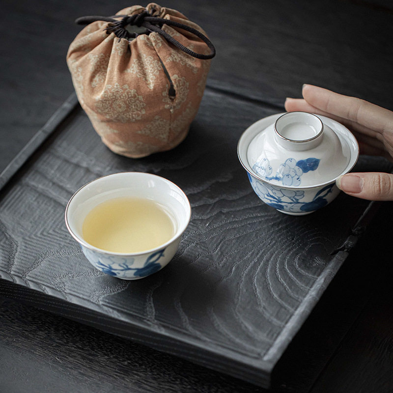 手绘枇杷便携式旅行茶具套装收纳包盖碗茶杯户外一壶一杯快客杯