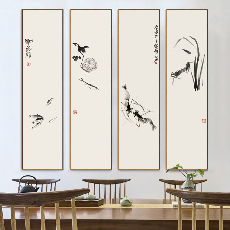 新中式客厅四联竖版装饰画禅意花鸟水墨国画茶室背景墙中国风挂画