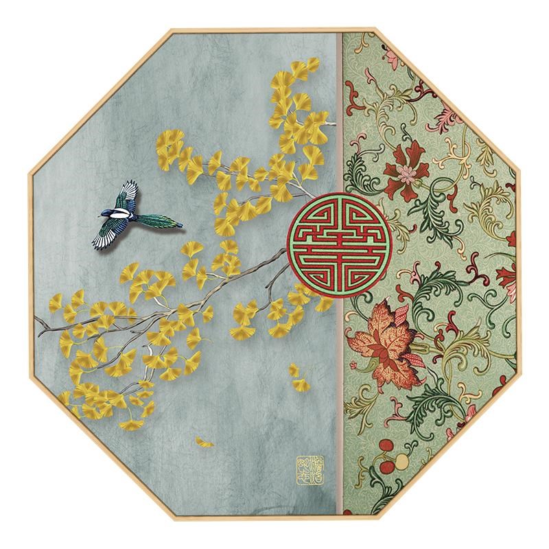 新中式花鸟挂画八边形复古餐厅装饰画沙发背景墙挂画禅意简约壁画