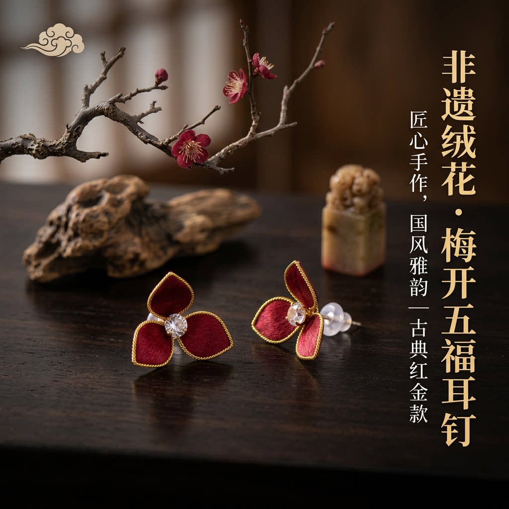 非遗绒花梅开五福珍珠耳钉