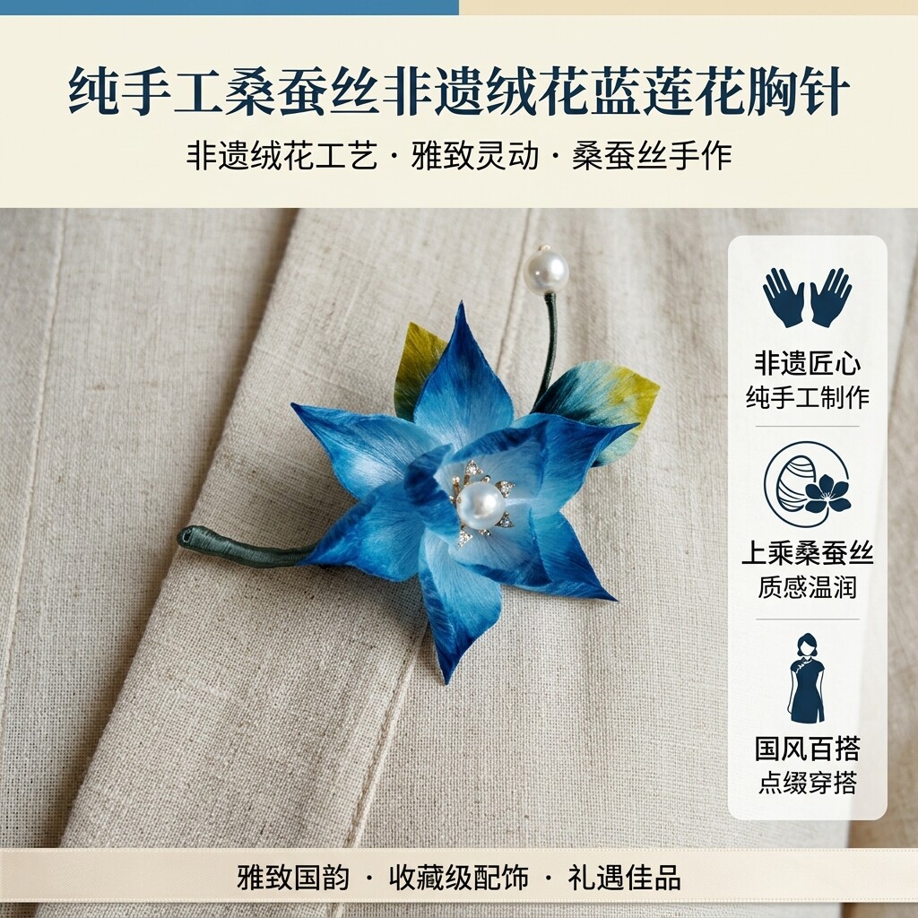 非遗手工桑蚕丝蓝莲花胸针国风