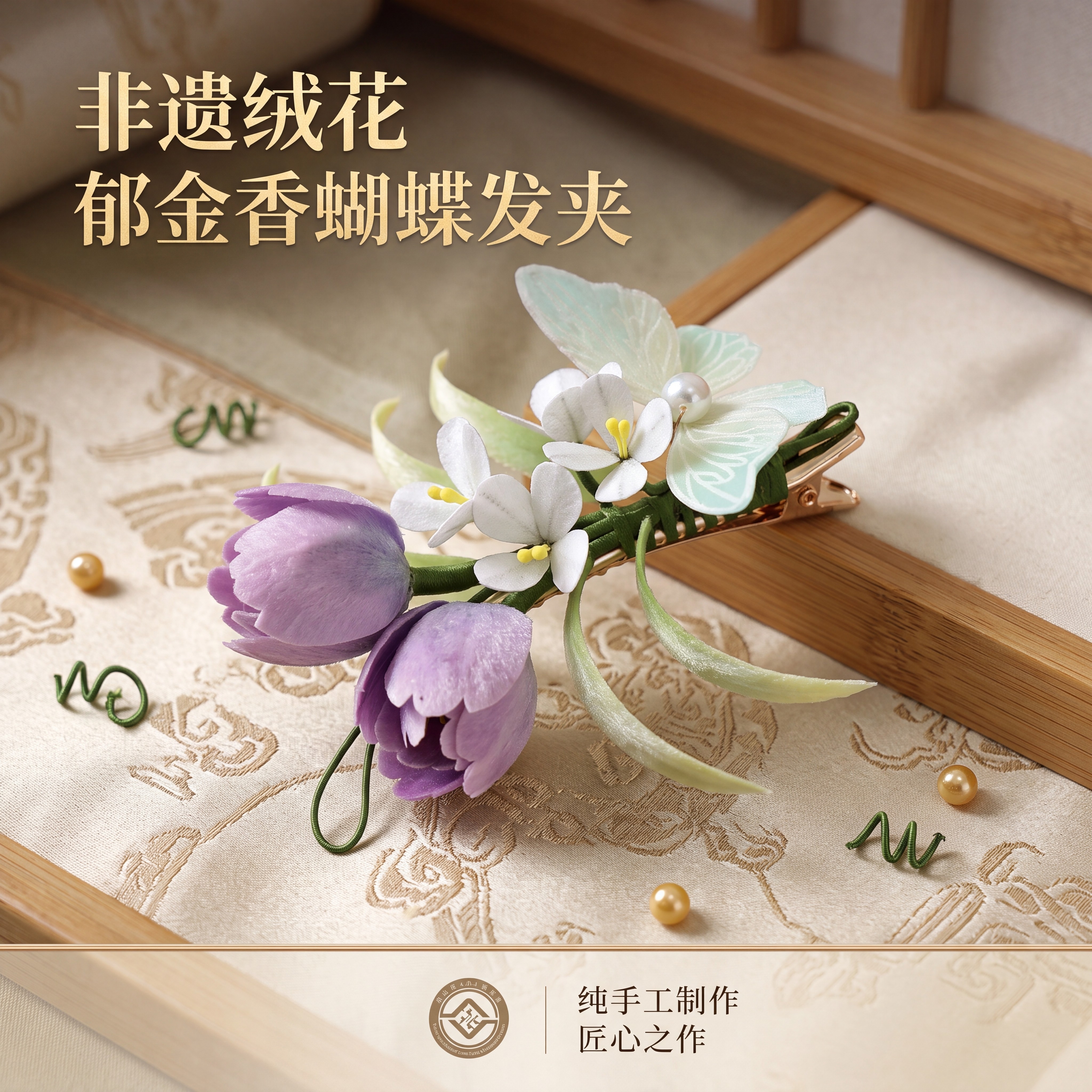 非遗绒花手工郁金香蝴蝶发夹