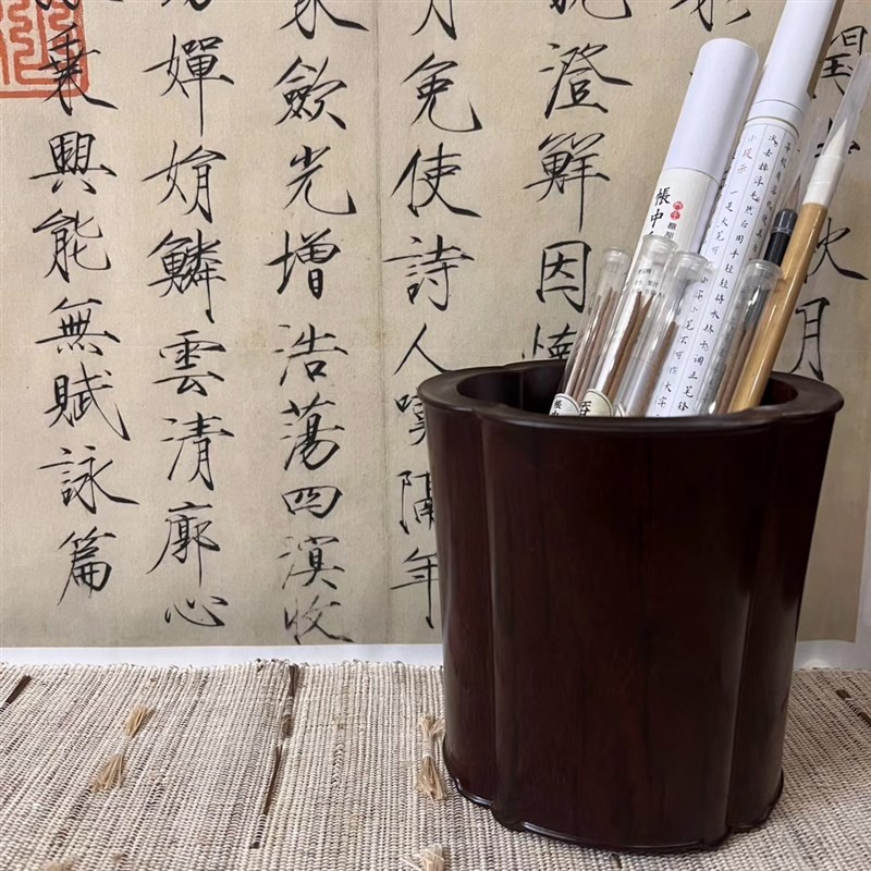 海棠口笔筒书房书画大容量传统器皿血檀整木挖制书画笔筒文房四宝