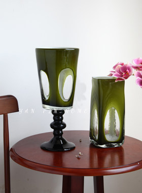高级感中古花瓶vintage高脚橄榄绿窗口手工艺术花器客厅插花摆件