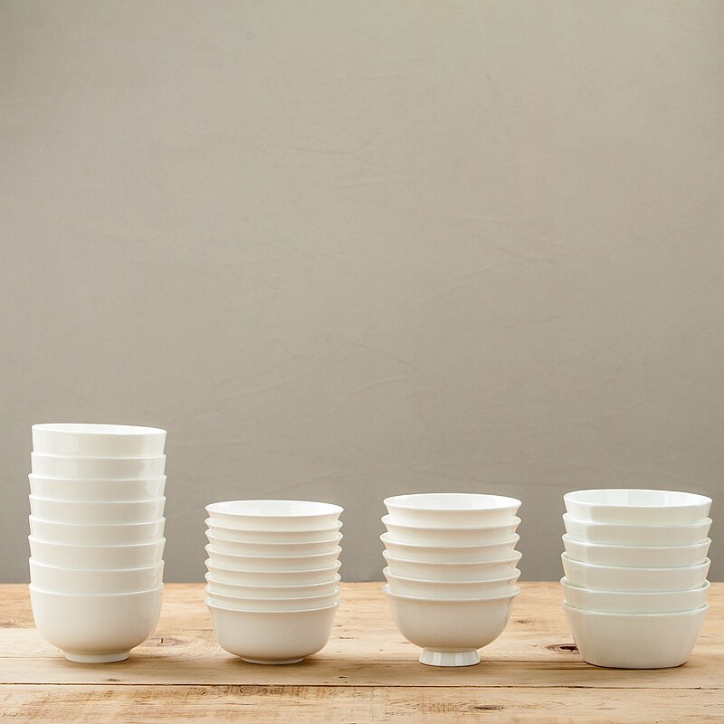 纯白骨瓷饭碗8个组合家用陶瓷简约餐具套装防烫高脚碗5英寸米饭碗